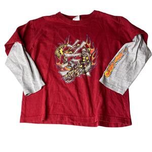 Vintage 90’s Utility Dragon Flames Red Layered Long Sleeve T Shirt Boys Sz 8